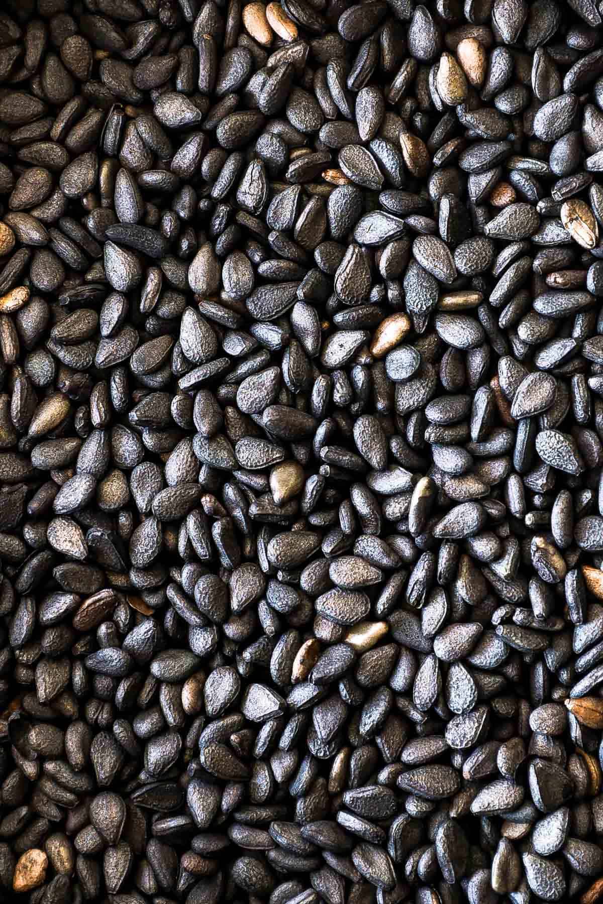 Black sesame seeds close up.