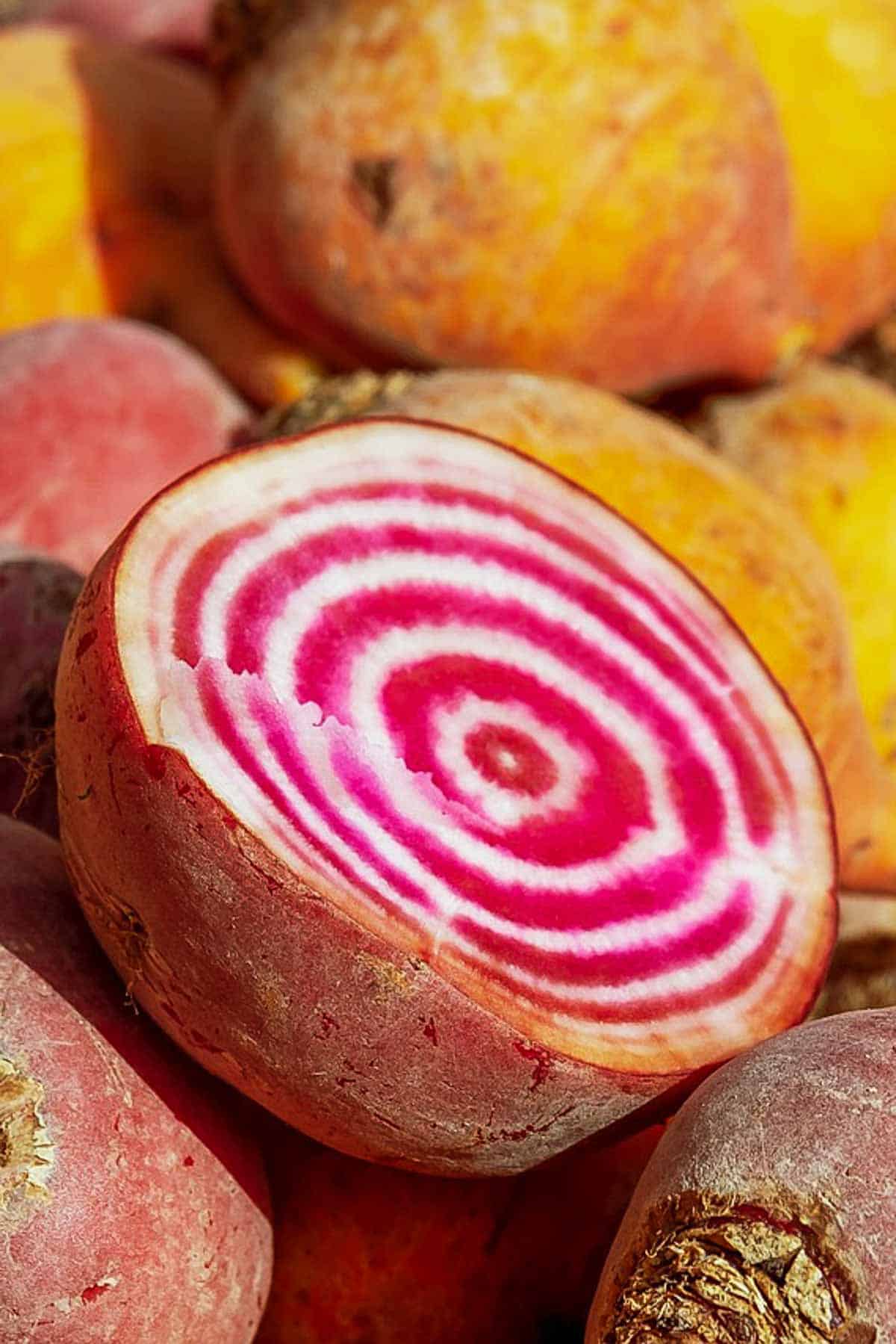 Chioggia beet cut and whole.