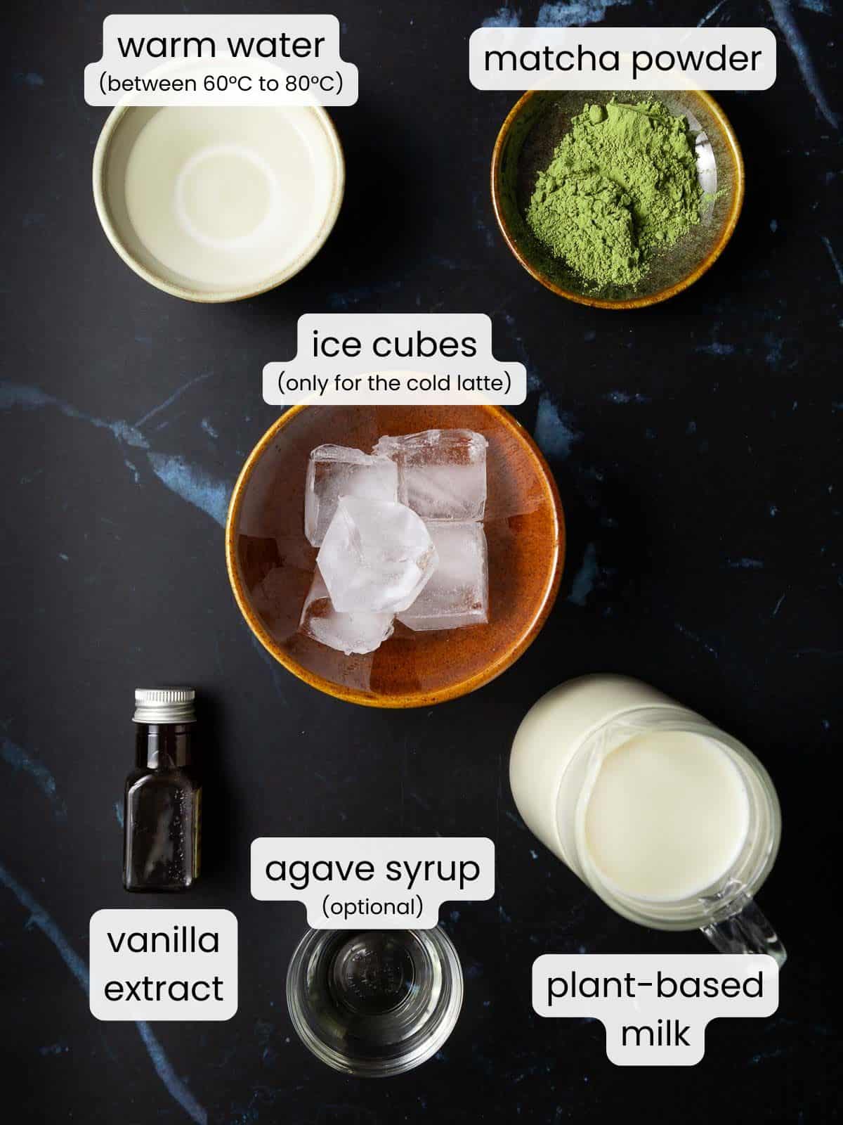 Ingredients for matcha vanilla latte with labels on a dark background.